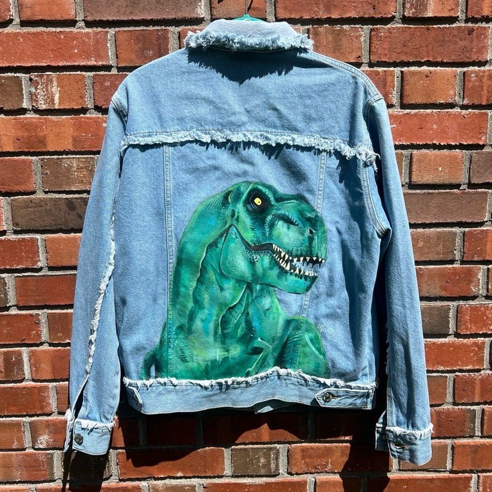 Vero Moda Custom Hand-painted Denim Jacket with T-Rex Design Women’s Size S